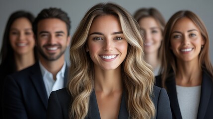 Obraz premium Group of diverse professionals smiling confidently in a modern office setting with soft lighting