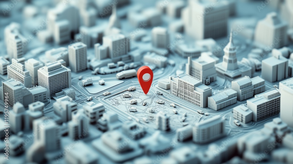 Poster Red gps pointer marking location on detailed 3d city map with roads, buildings, and vehicles, representing online navigation and route planning