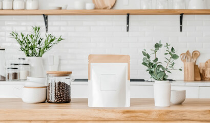 Fototapeta premium Coffee Packaging Mockup in Modern Kitchen Setting: Blank White Pouch on Wooden Counter with Coffee Beans, Plants, and Minimalist Decor