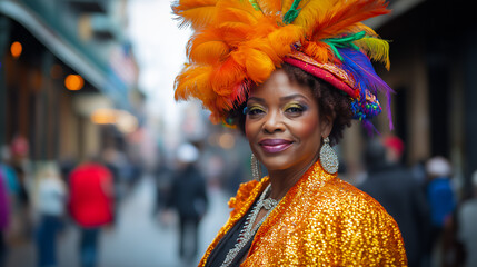Mature African-American woman in vibrant Mardi Gras costume with crown of feathers, attending in parade