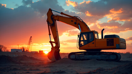 Modern excavator on construction site stands out against vibrant sunset colors, creating a striking industrial photography composition