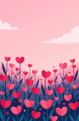 A meadow full of heart-shaped flowers blooming under a pink sky