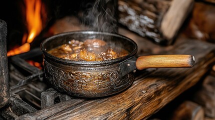 Rustic stew cooking over an open fire in an ornate pot