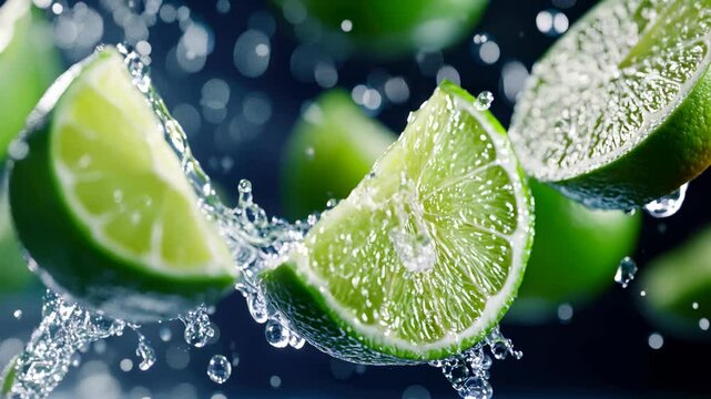 Lime wedges are flying through the air, creating splashes of water all around. This vibrant display highlights the freshness and zest of the ingredients used in cooking.