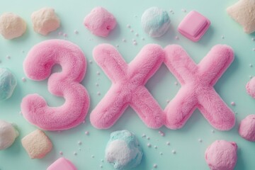 Fluffy pink 3x text effect surrounded by marshmallows and sprinkles on turquoise background