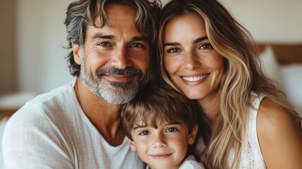 Fototapeta premium Happy family portrait with parents and child smiling together in a cozy indoor setting