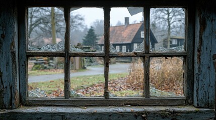 Fototapeta premium Broken Window Frame Showing Distant House And Trees