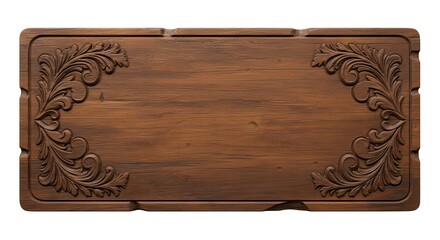 Naklejka premium Uma placa de madeira retangular com bordas ásperas, detalhes esculpidos e uma textura rústica, centrada em um fundo branco limpo