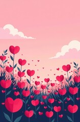 A meadow full of heart-shaped flowers blooming under a pink sky
