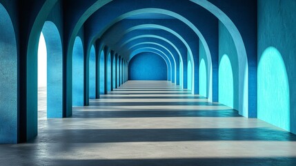 Fototapeta premium Blue Arched Corridor: A mesmerizing hallway of blue arches stretches endlessly into the distance, bathed in soft, natural light.