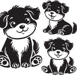 Cute silhouette puppy vector black and white (smiling face cute mini dog big ears and big hair vector black)