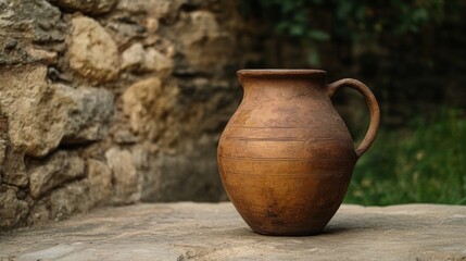 Rustic brown clay jug sits on stone surface near old stone wall.
