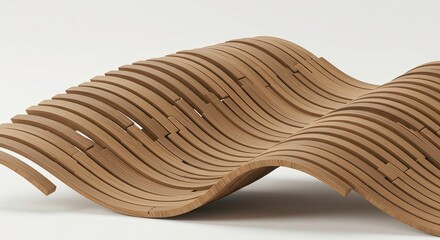A 3D-rendered abstract wave made from curved wooden planks , showing fine oak texture , floating on a clean white background (2)