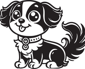 Cute silhouette puppy vector black and white (smiling face cute mini dog big ears and big hair vector black)