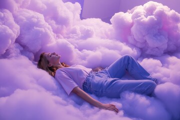 Young woman lying on clouds having a rest in dreamlike atmosphere