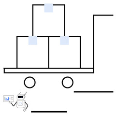 Stacked boxes on a cart pushed by a robot holding a document. Ideal for logistics, automation, shipping, warehousing, e-commerce, robotics, abstract line flat metaphor