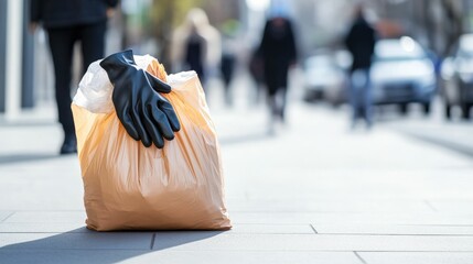 Obraz premium Urban cleanup concept with gloves on trash bag in cityscape setting