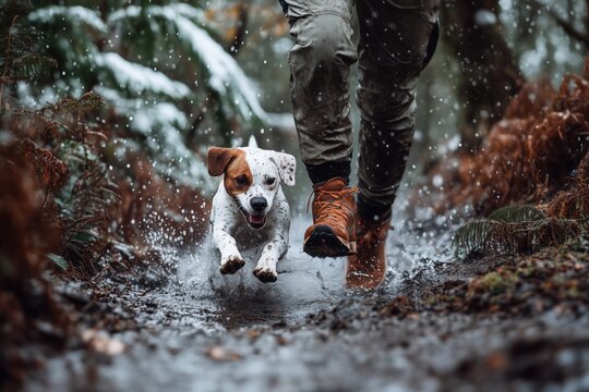 Dog running through a muddy forest trail alongside a hiker during winter. adventure and outdoor activity