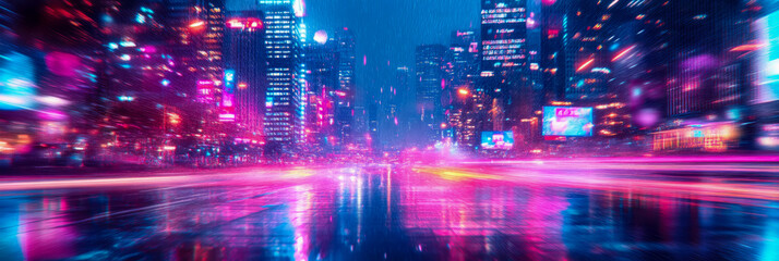 Obraz premium Neon City Nightscape: Rain-slicked Streets and Vibrant Lights