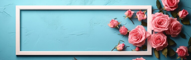 A white frame surrounded by fresh pink roses and leaves on a pastel pink background, creating an elegant, minimal design for special occasions.