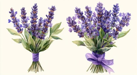 Obraz premium Set of watercolor lavender flower bouquets. Provence-inspired floral arrangements. Vintage garden theme. Botanical clipart. Hand-painted illustration for greeting cards