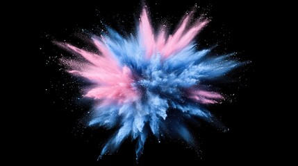 A dynamic explosion of pink and blue powders fills the air, creating a colorful backdrop typical of Holi festivities, symbolizing joy and togetherness