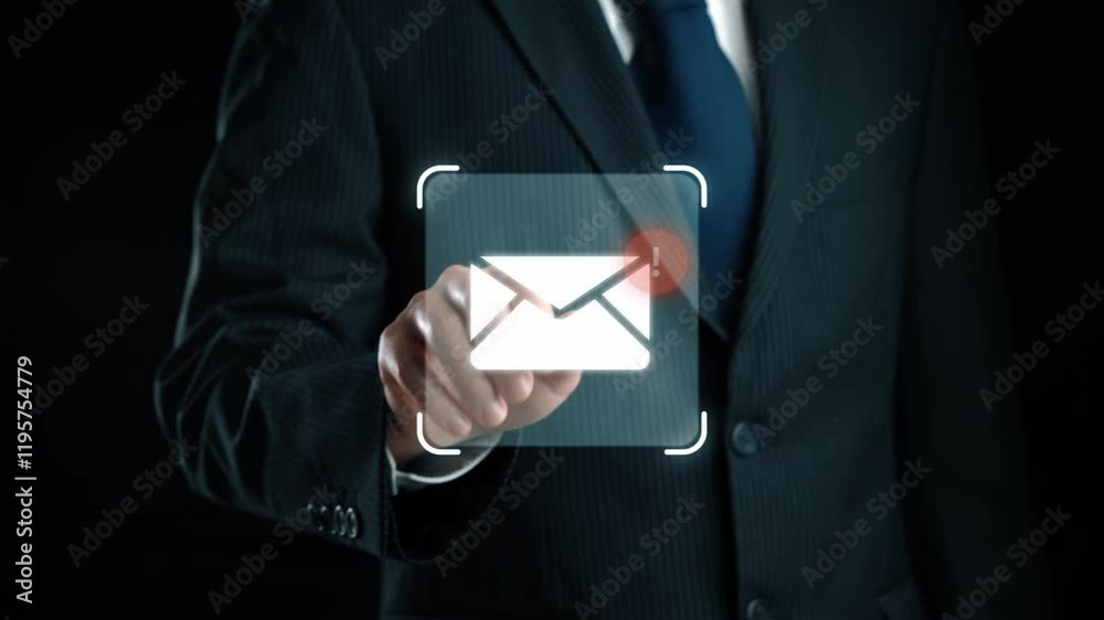 Poster business person checking email inbox, organizing and prioritizing messages for better productivity. 