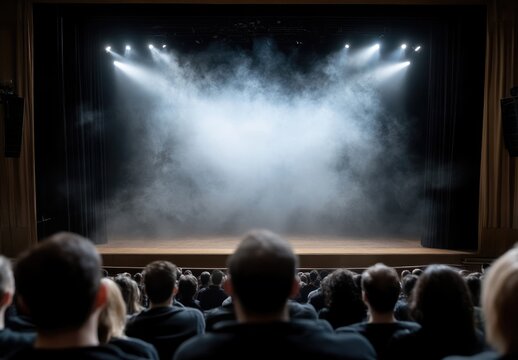 Vacant theater: an unoccupied stage bathed, symbolizing stillness, dramatic potential, unseen narratives, artistic dreams, quiet elegance, suspended action, awaiting actors, and unspoken performances.