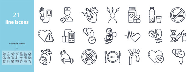 Hypertension line icon set. Heart, tonometer, blood pressure, pulse, vascular disease, prevention, hypertensive crisis, normal sleep, physical activity vector illustration Editable Strokes