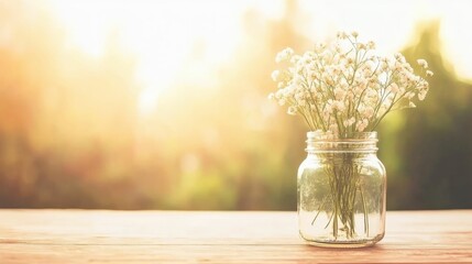 Delicate baby's breath flowers in a transparent jar on a wooden surface with warm background