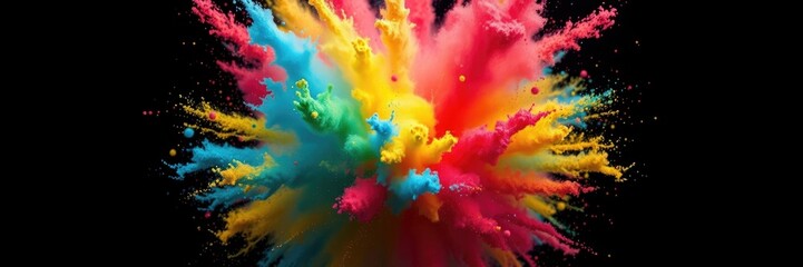 An explosion of bright Holi powders fills the air, creating a dynamic and colorful backdrop for the celebration of Holi, a festival of colors that marks the arrival of spring