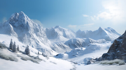 Obraz premium Realistic Snowy Mountain Landscape with Smooth Snow Textures,Snowy Mountain Landscape on White Background,Snowy Mountain Landscape Isolated, blue sky,Majestic mountain range triptych,Generative Ai