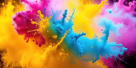 Fototapeta premium Bright and vibrant clouds of Holi color powder burst in a joyful explosion, creating a lively and colorful atmosphere that embodies the spirit of celebration and unity