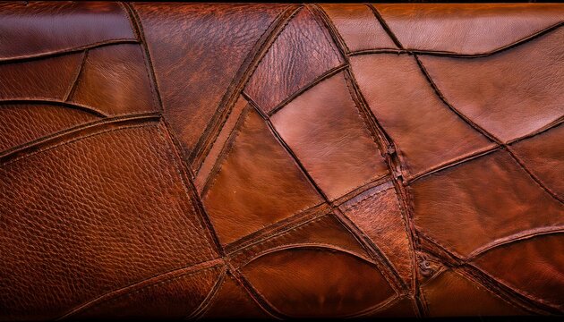 Rich brown leather patchwork, textured and detailed.