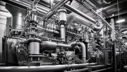 Fototapeta premium Intricate machinery in a monochrome industrial setting.