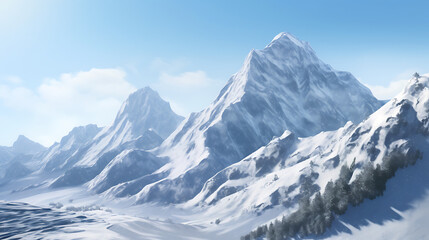 Obraz premium Realistic Snowy Mountain Landscape with Smooth Snow Textures,Snowy Mountain Landscape on White Background,Snowy Mountain Landscape Isolated, blue sky,Majestic mountain range triptych,Generative Ai