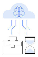 Brain within cloud linked by neural lines, briefcase symbolizing work, hourglass for time. Ideal for innovation, AI, work-life balance, tech, productivity, time management abstract line flat