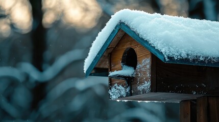 A birdhouse covered in snow sits on a wooden post