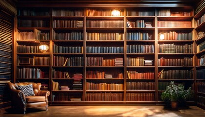 A cozy leather armchair sits before a wall of bookshelves, bathed in warm light.