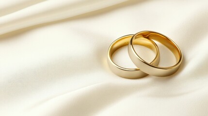 Elegant close-up of two golden wedding rings on luxurious white satin fabric for romantic celebrations