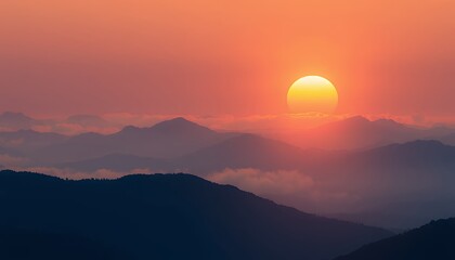 Fiery Sunset Over Misty Mountains: A Serene Landscape Panorama. Perfect for greeting cards and projects needing ample copy space. This image features a breathtaking view of the sun setting behind a ra