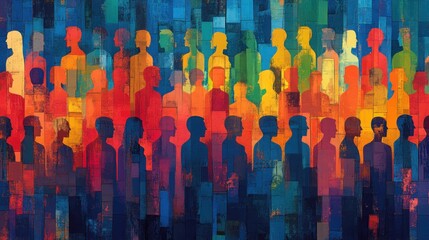 Colorful abstract crowd silhouettes with a vibrant gradient background

