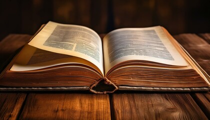 Fototapeta premium Aged book open on wooden surface, revealing its antique pages.