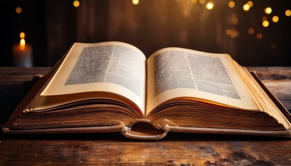 Open antique book on wooden table with candlelight