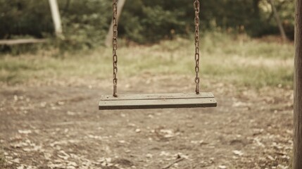 Empty wooden swing hanging on rusty chains in a park.