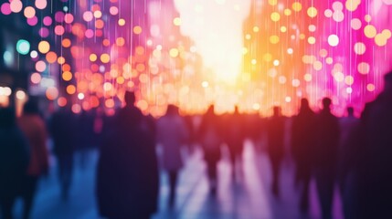 Vibrant city crowd with abstract glowing holographic interface lights