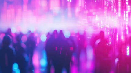Futuristic cityscape with crowds and abstract glowing holographic lights