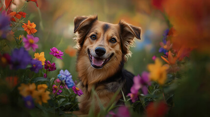 A dog is sitting in a field of flowers