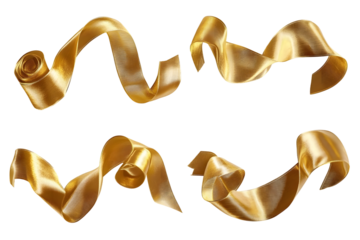 Gold ribbon satin bow curly scroll png set isolated on transparent background for Christmas, birthday and wedding card confetti design decoration