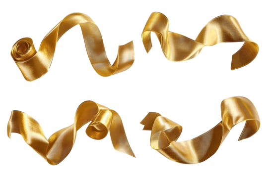 Gold ribbon satin bow curly scroll png set isolated on transparent background for Christmas, birthday and wedding card confetti design decoration